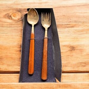 Pair Wood & Sterling silver Salad/ Serving Utensils Vintage unused